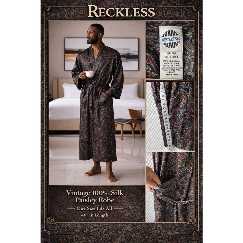 VTG Reckless 100% Silk Robe One Size Old Money, Paisley Pockets Med LG XL OS